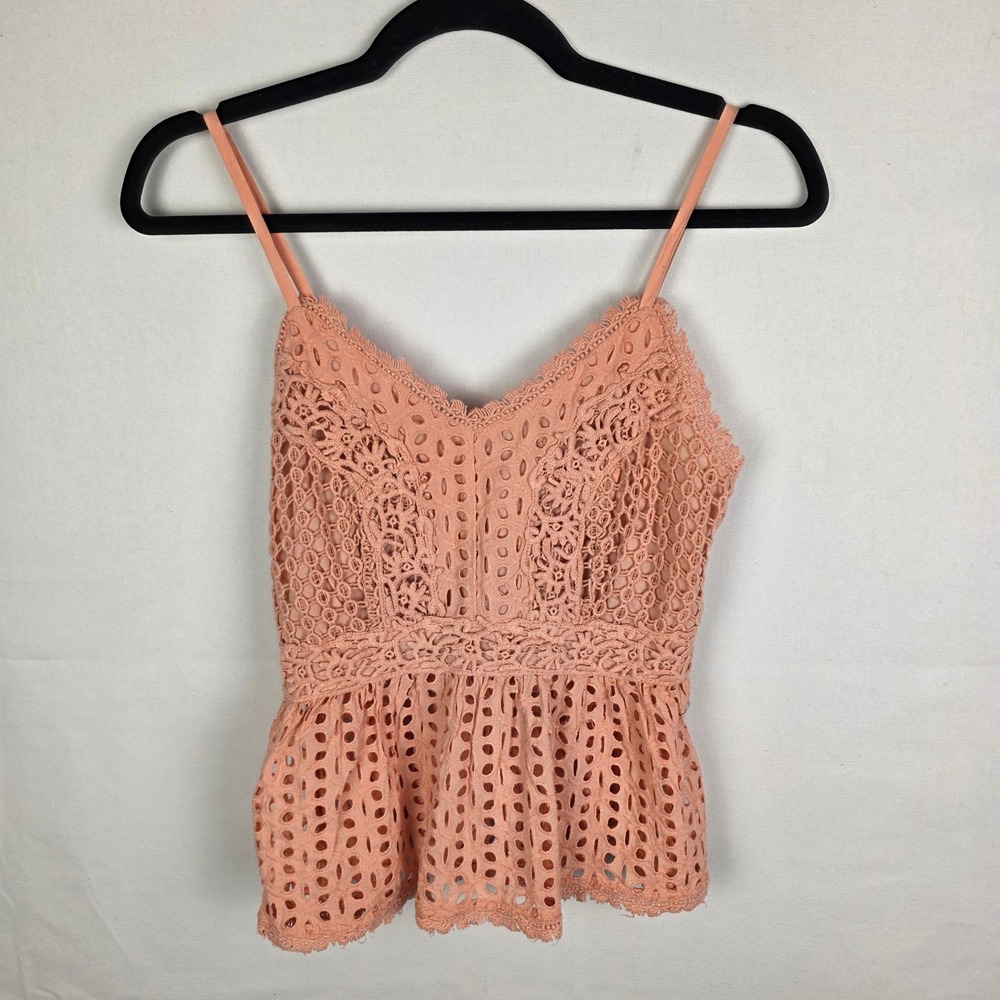 Japna Women Peach Eyelet Lace Crochet Peplum‎ Camisole Top Smocked Back Small